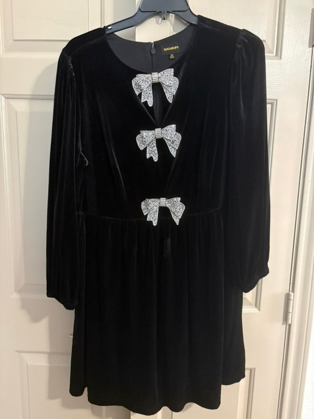 SUGARLIPS Black Velvet Dress with Silver Bows